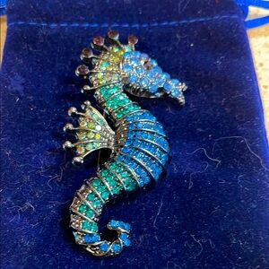 Blue & Teal Seahorse Crystal Brooch
